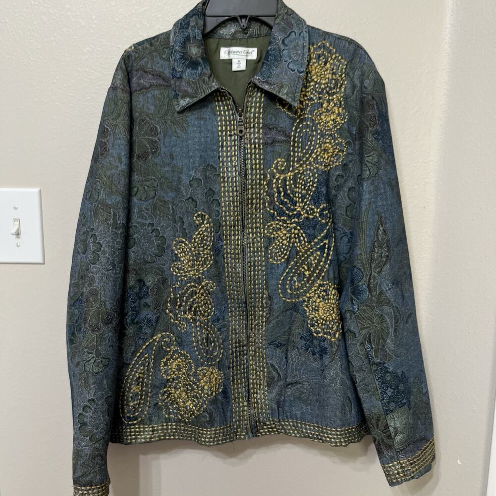 Coldwater Creek Women’s Lined Jacket Sz Medium Denim Floral Top‎ Stitching Zip